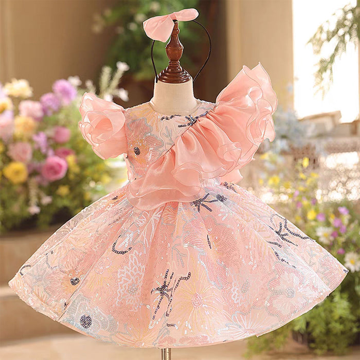 O-Neck Ruffle Embroidered Flower Girl Dress With Bow J829