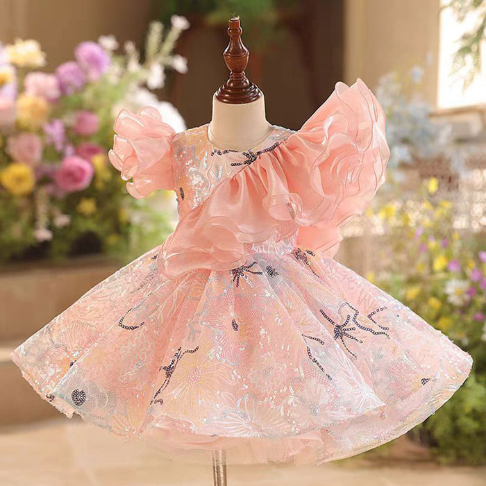 O-Neck Ruffle Embroidered Flower Girl Dress With Bow J829
