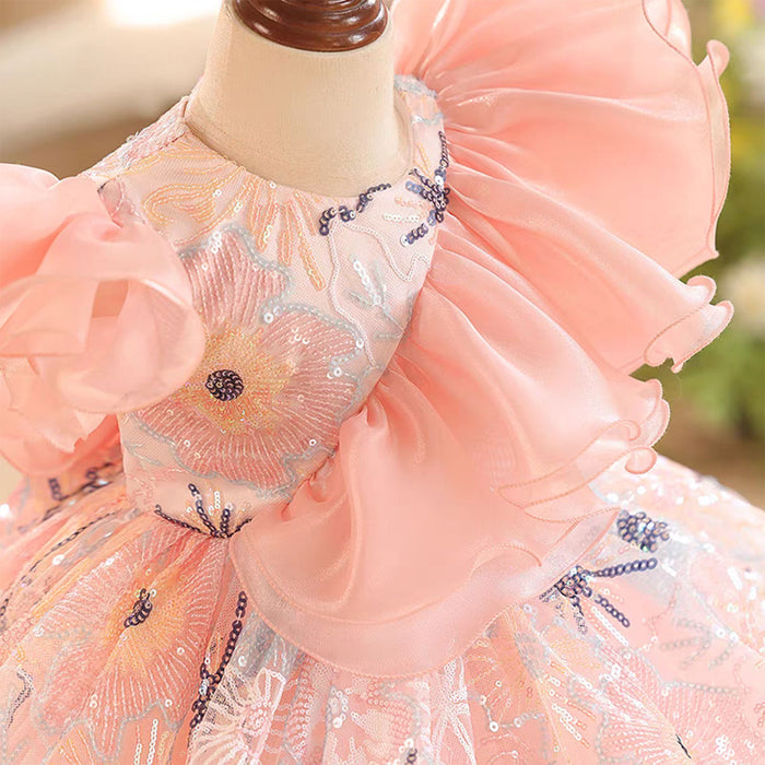 O-Neck Ruffle Embroidered Flower Girl Dress With Bow J829