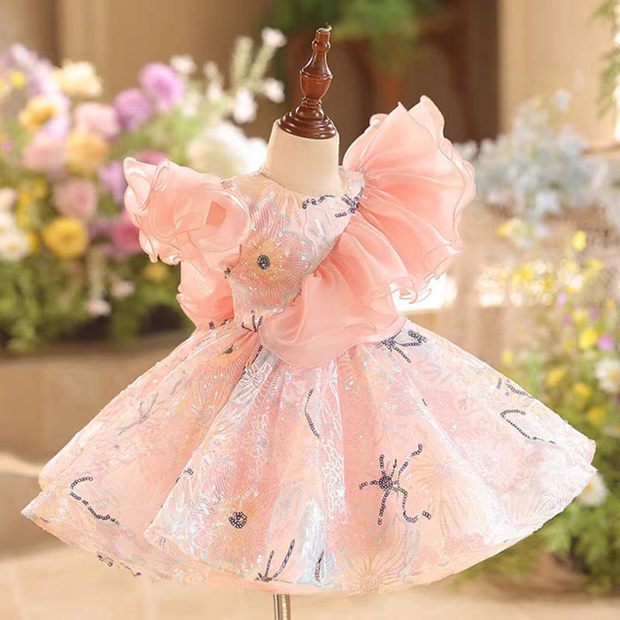 O-Neck Ruffle Embroidered Flower Girl Dress With Bow J829