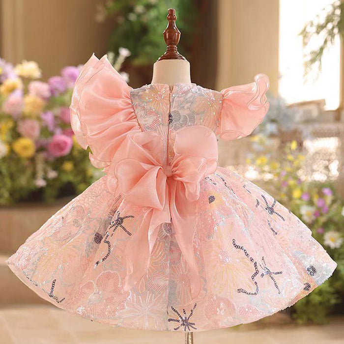 O-Neck Ruffle Embroidered Flower Girl Dress With Bow J829