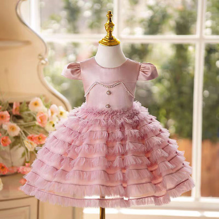 O-Neck Satin Flower Girl Dress With Tulle Pink J794