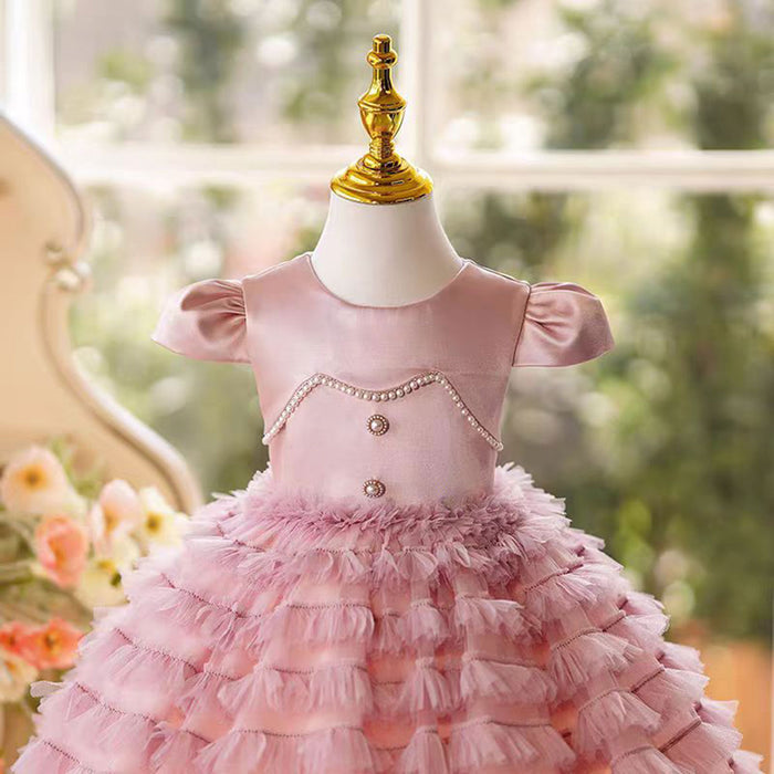 O-Neck Satin Flower Girl Dress With Tulle Pink J794