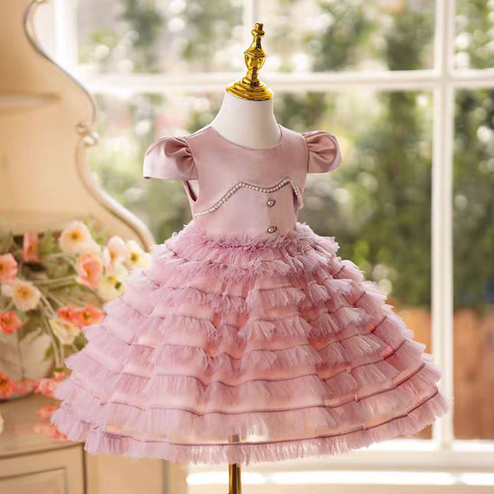 O-Neck Satin Flower Girl Dress With Tulle Pink J794