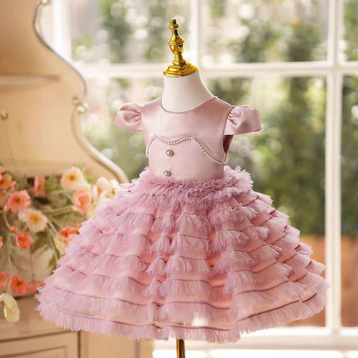 O-Neck Satin Flower Girl Dress With Tulle Pink J794