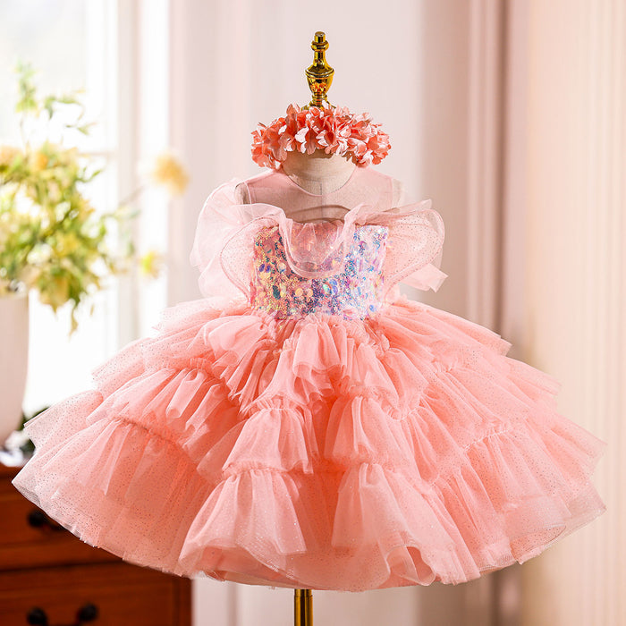 O-Neck Sequined Tulle Pink Flower Girl Dress With Bow J824