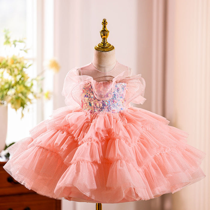 O-Neck Sequined Tulle Pink Flower Girl Dress With Bow J824