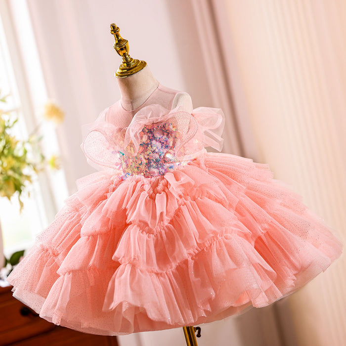 O-Neck Sequined Tulle Pink Flower Girl Dress With Bow J824