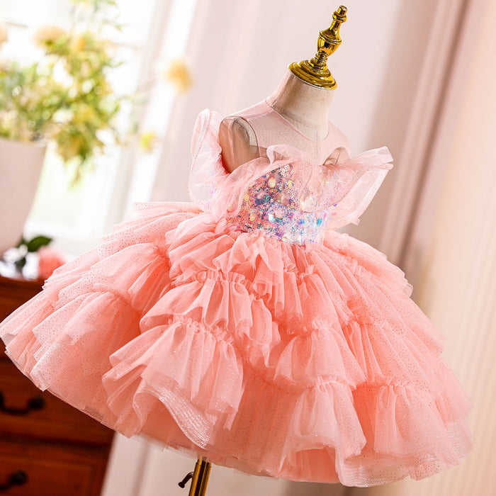 O-Neck Sequined Tulle Pink Flower Girl Dress With Bow J824
