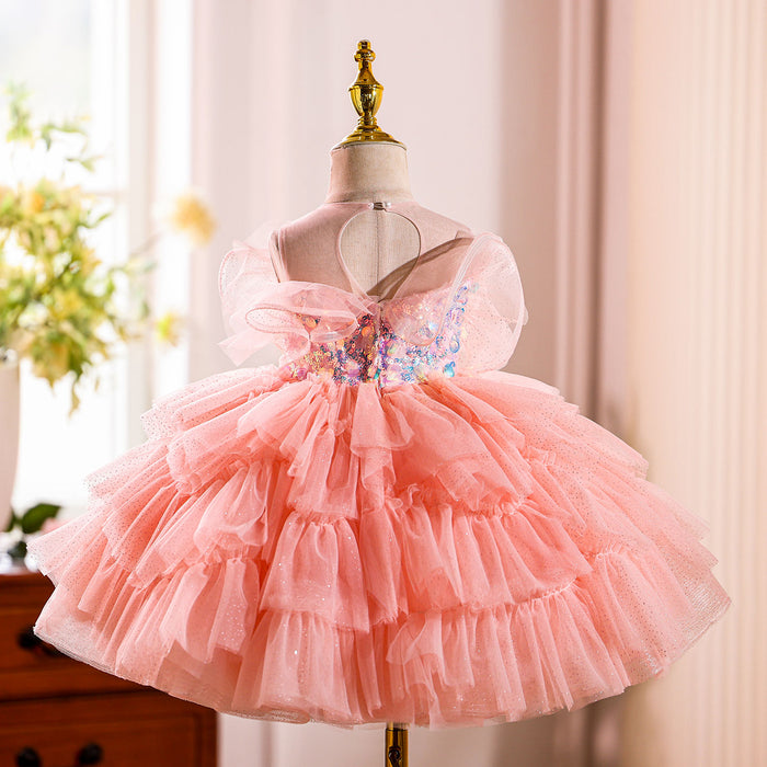 O-Neck Sequined Tulle Pink Flower Girl Dress With Bow J824