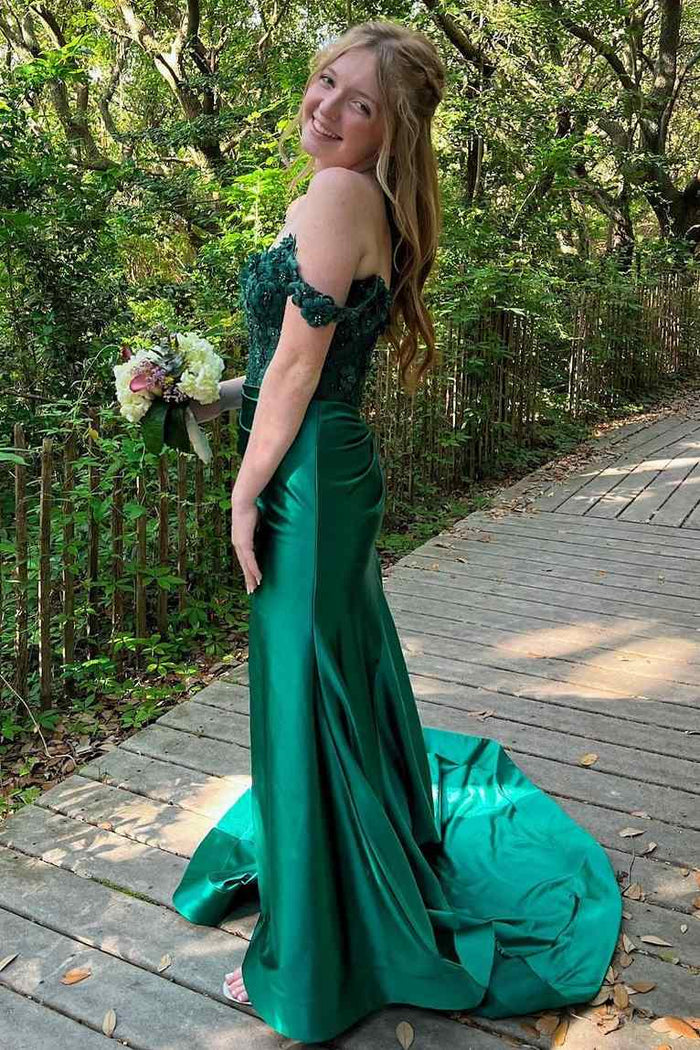 Off-Shoulder 3D Floral Mermaid Pleated Green Formal Prom Dress with Train