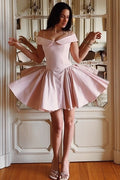 Off-Shoulder A-Line Pink Satin Pleated Satin Short Homecoming Dress