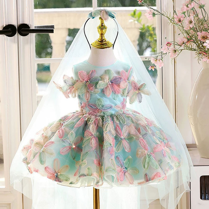 Off-Shoulder Applique Dubai Flower Girl Dress Turquoise D070
