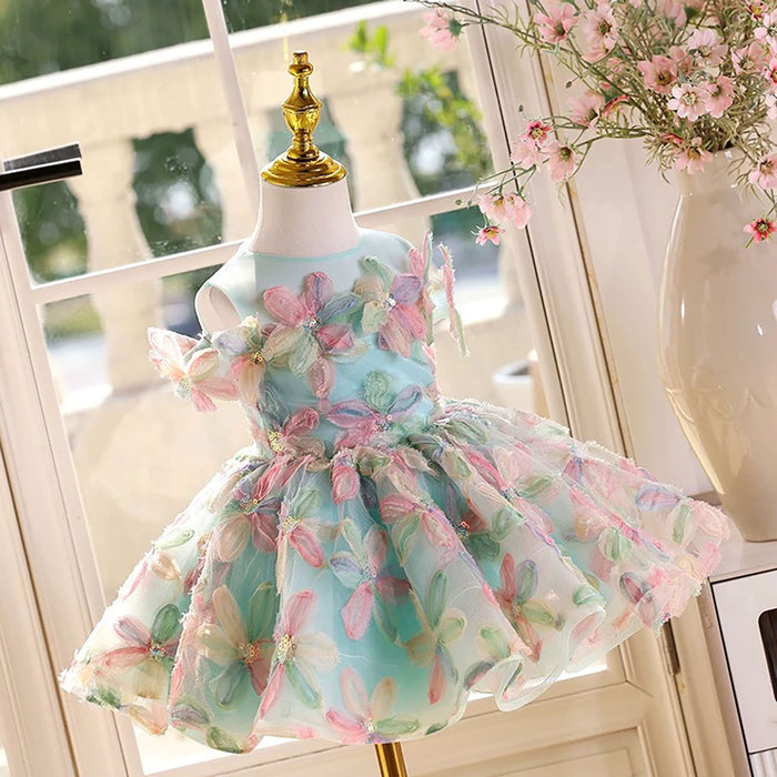 Off-Shoulder Applique Dubai Flower Girl Dress Turquoise D070