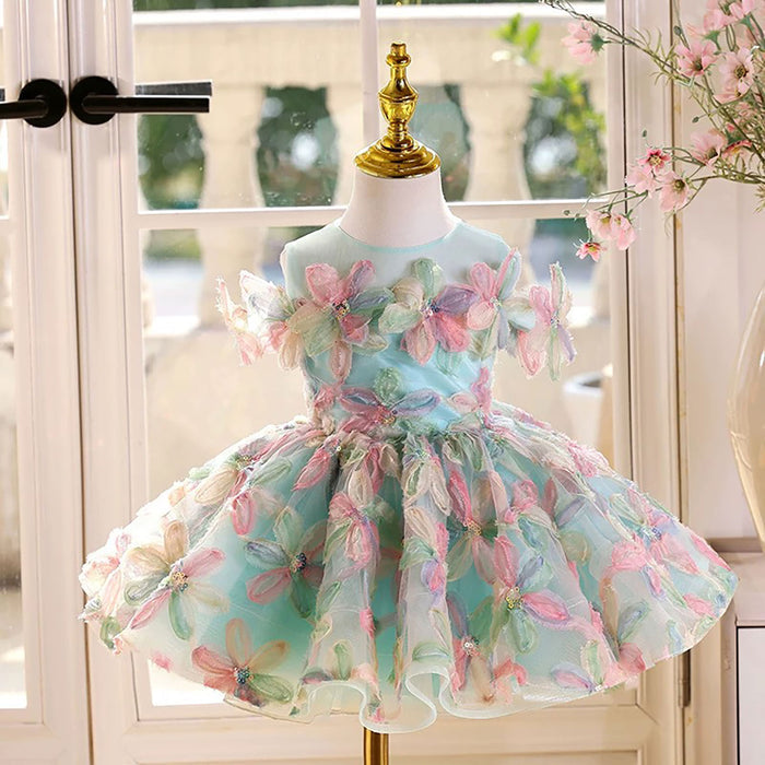 Off-Shoulder Applique Dubai Flower Girl Dress Turquoise D070