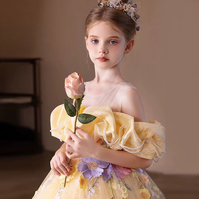 Off-Shoulder Applique Pearled Flower Girl Dress Princess D301