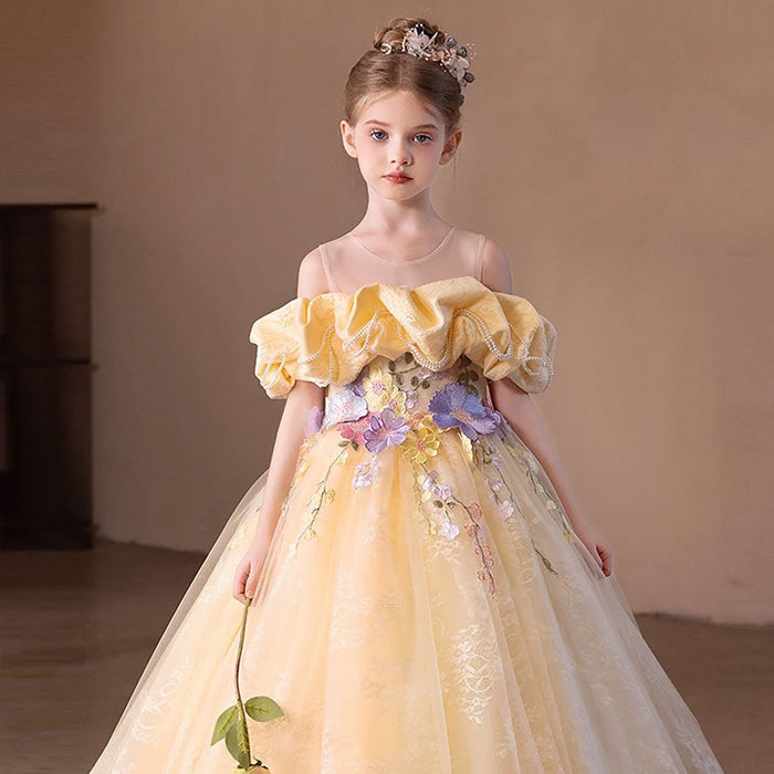 Off-Shoulder Applique Pearled Flower Girl Dress Princess D301