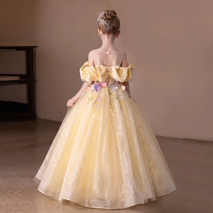 Off-Shoulder Applique Pearled Flower Girl Dress Princess D301