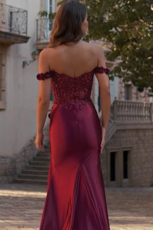 Off-Shoulder Appliques Trumpet Side Slit Pleats Long Prom Dress