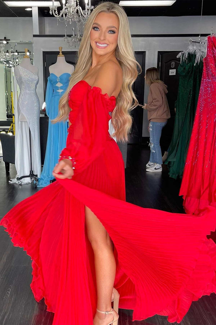 Off-Shoulder Beaded Strapless Cutout Long Prom Dress with Balloon Sleeves