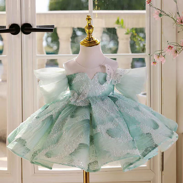 Off-Shoulder Butterfly Decoration Flower Girl Dress With Bow D050