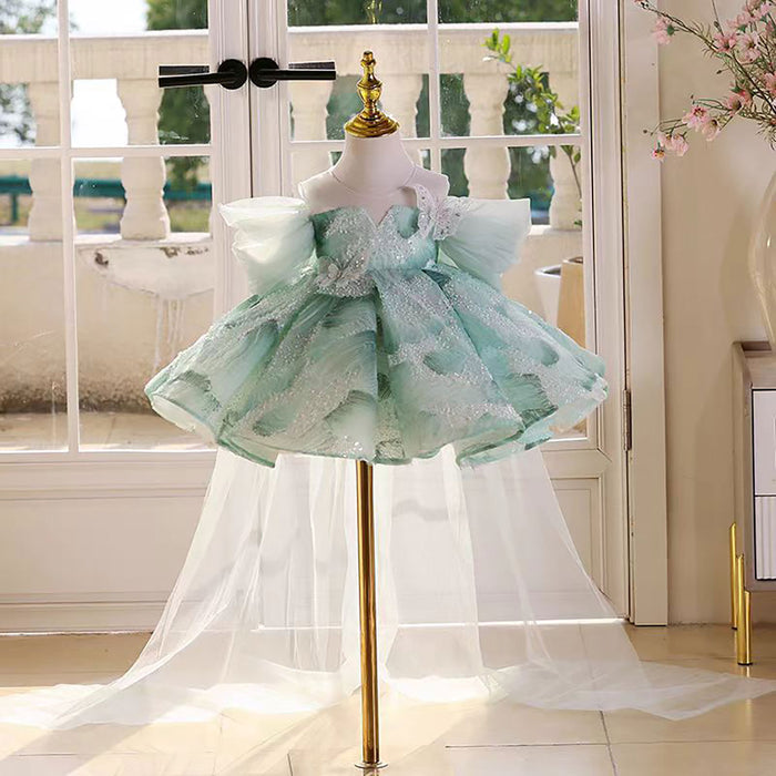 Off-Shoulder Butterfly Decoration Flower Girl Dress With Bow D050