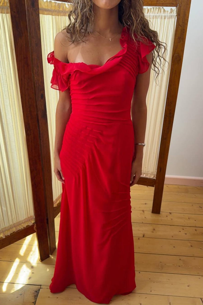 Off-Shoulder Chiffon Ruffles Fitted Red Long Evening Prom Dress