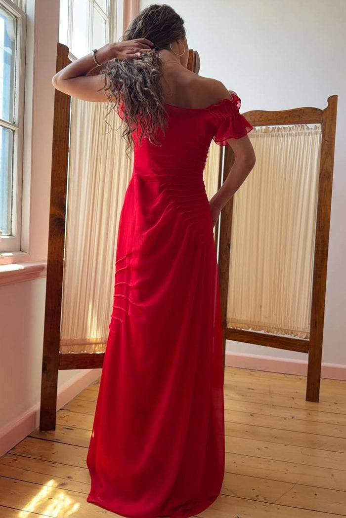 Off-Shoulder Chiffon Ruffles Fitted Red Long Evening Prom Dress