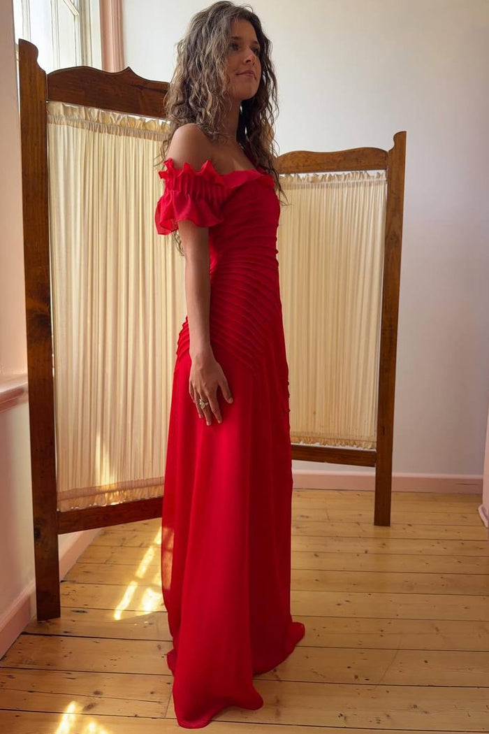 Off-Shoulder Chiffon Ruffles Fitted Red Long Evening Prom Dress