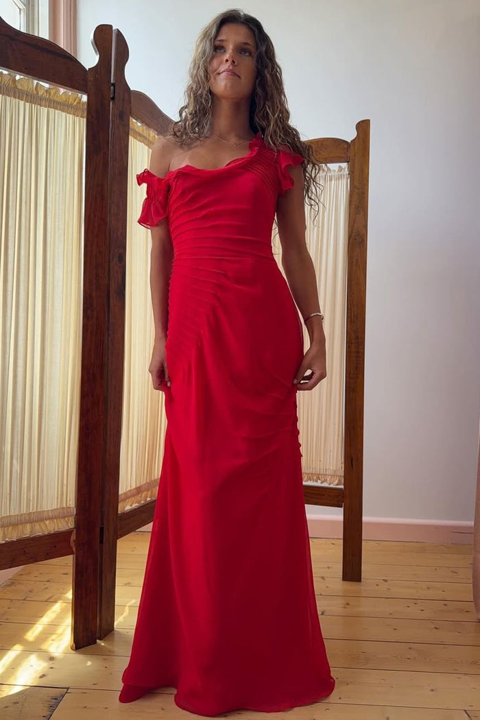 Off-Shoulder Chiffon Ruffles Fitted Red Long Evening Prom Dress