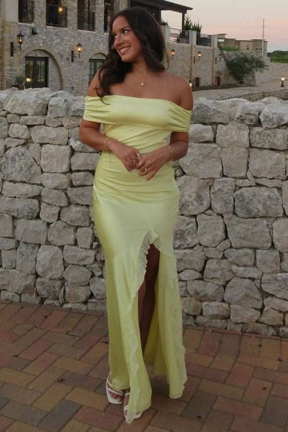 Off-Shoulder Elegant Yellow Pleats Ruffles Maxi Prom Dress with Slit