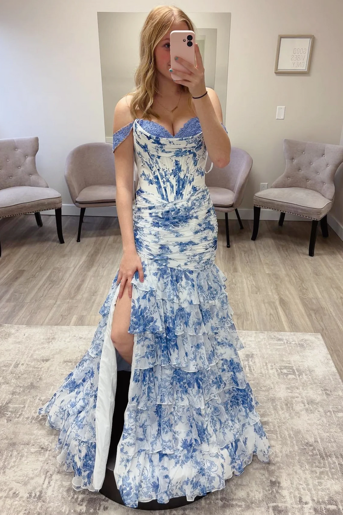 Off-Shoulder Floral Print Mermaid Ruffles Chiffon Prom Dress with Slit