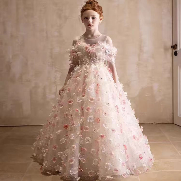 Off-Shoulder Flower-Adorned Pearled Flower Girl Dress J011