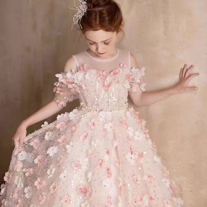 Off-Shoulder Flower-Adorned Pearled Flower Girl Dress J011