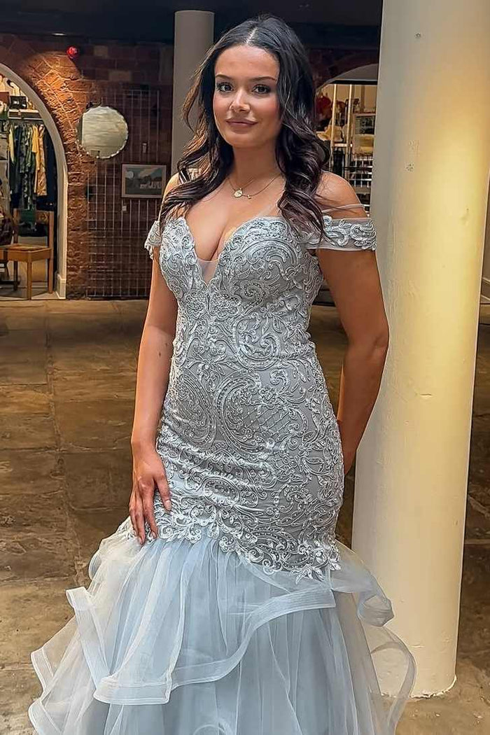 Off-Shoulder Illusion V-Neck Lace Appliques Ruffles Mermaid Prom Dress