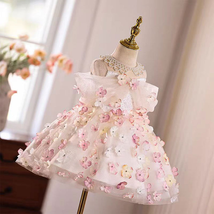 Off-Shoulder Pearl Necklace Applique A-Line Girl Dress D015