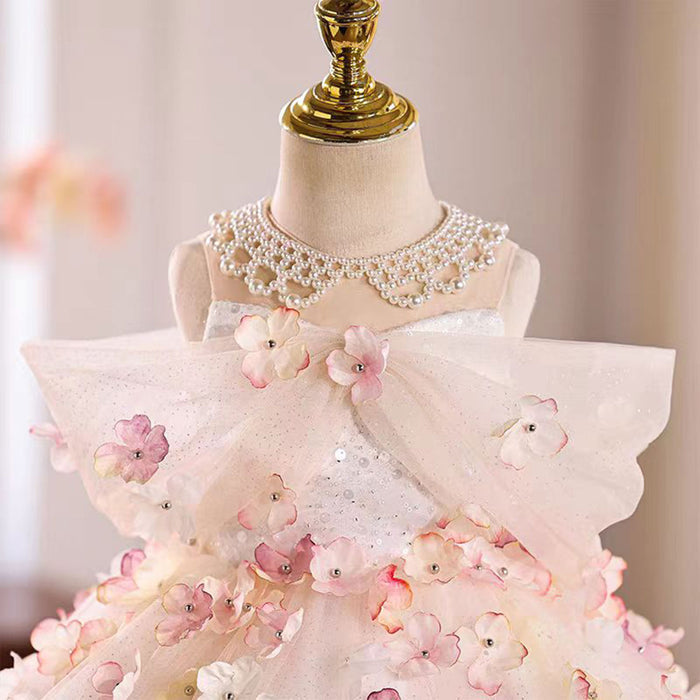 Off-Shoulder Pearl Necklace Applique A-Line Girl Dress D015