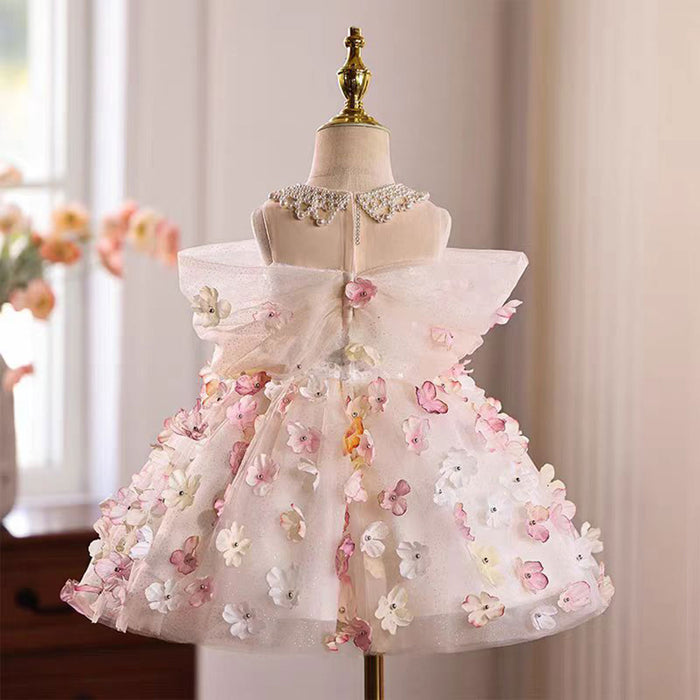 Off-Shoulder Pearl Necklace Applique A-Line Girl Dress D015