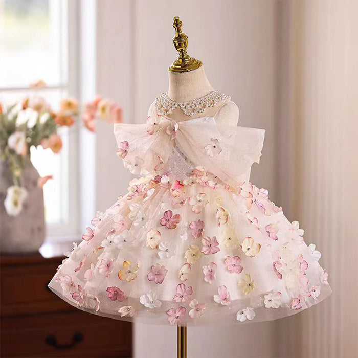 Off-Shoulder Pearl Necklace Applique A-Line Girl Dress D015
