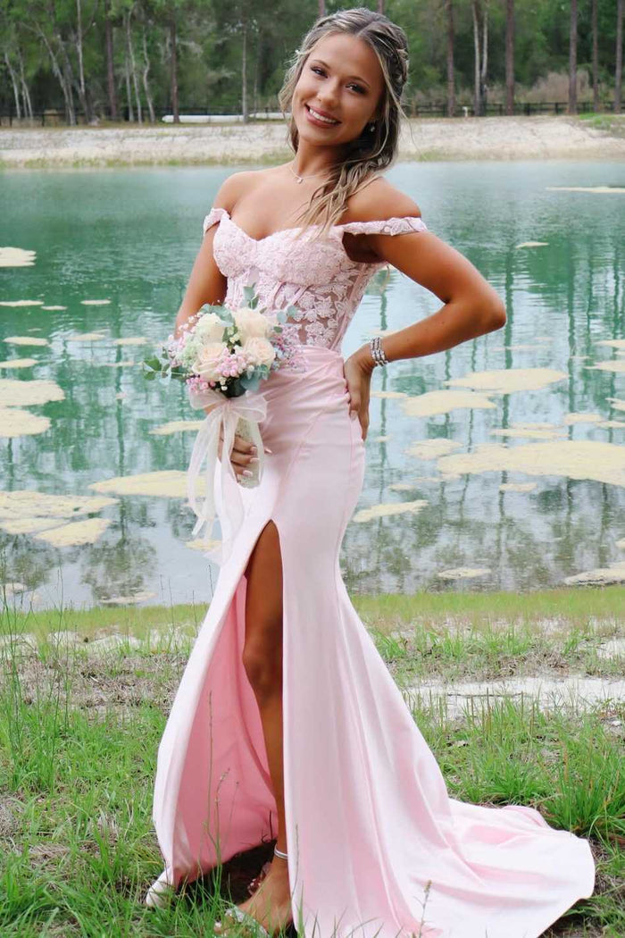 Off-Shoulder Pink Pleats Lace Appliques Sleeveless Prom Dress with Slit
