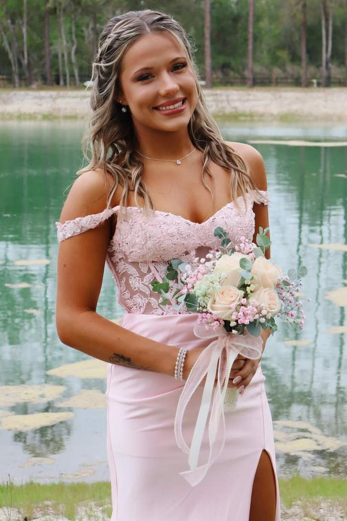 Off-Shoulder Pink Pleats Lace Appliques Sleeveless Prom Dress with Slit