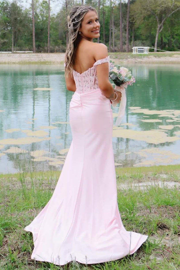 Off-Shoulder Pink Pleats Lace Appliques Sleeveless Prom Dress with Slit