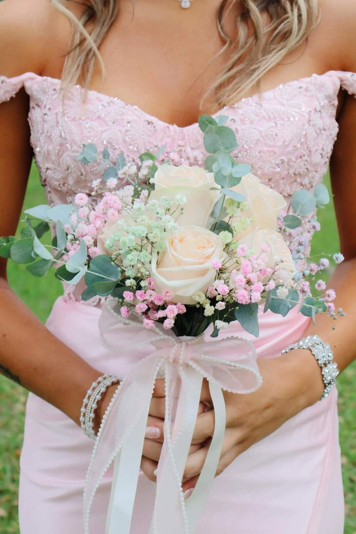 Off-Shoulder Pink Pleats Lace Appliques Sleeveless Prom Dress with Slit