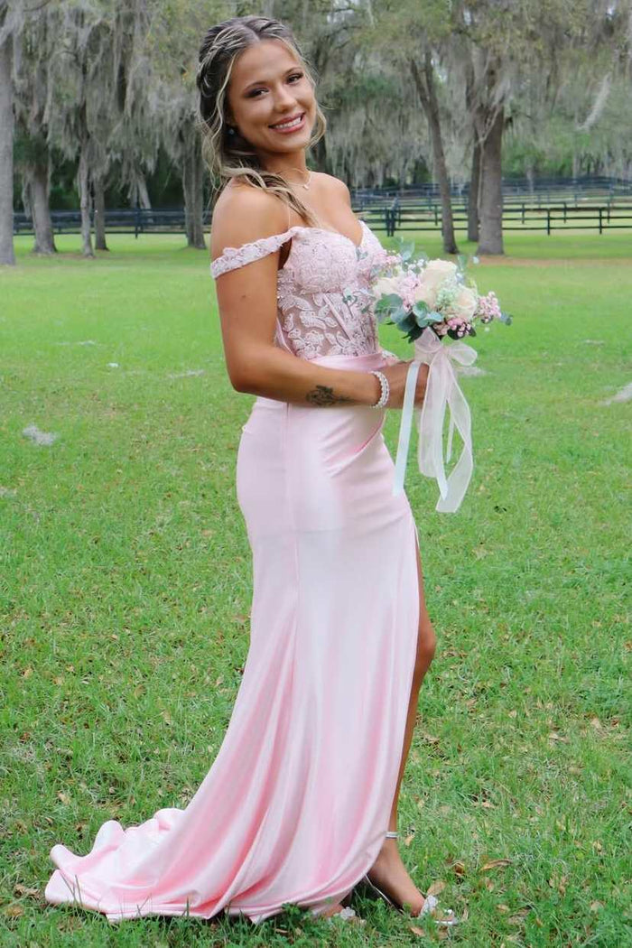 Off-Shoulder Pink Pleats Lace Appliques Sleeveless Prom Dress with Slit