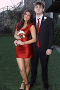 Off-Shoulder Pleats Satin Tight Short Homecoming Party Dress