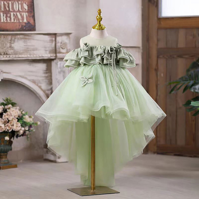 Off-Shoulder Ruffled Pearled Green Tulle Flower Girl Dress J551