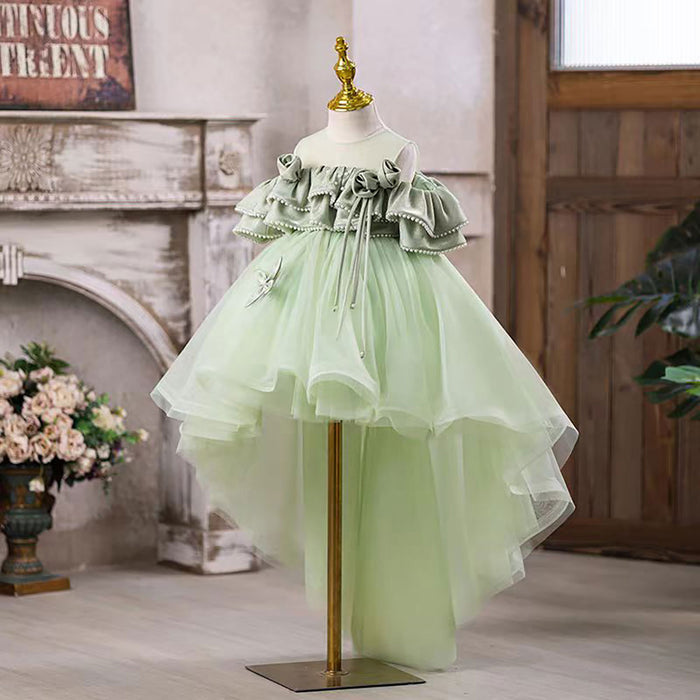 Off-Shoulder Ruffled Pearled Green Tulle Flower Girl Dress J551