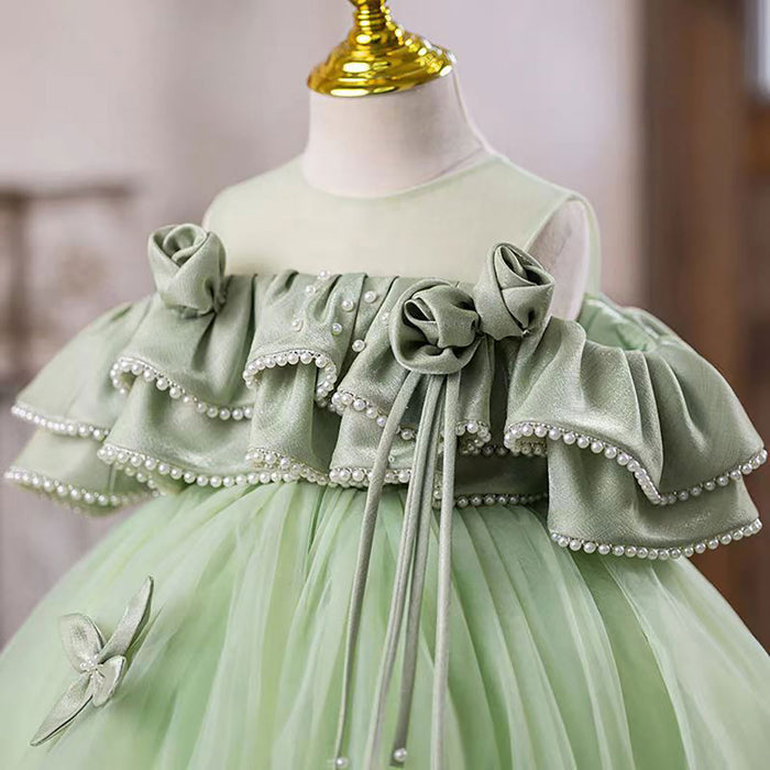 Off-Shoulder Ruffled Pearled Green Tulle Flower Girl Dress J551