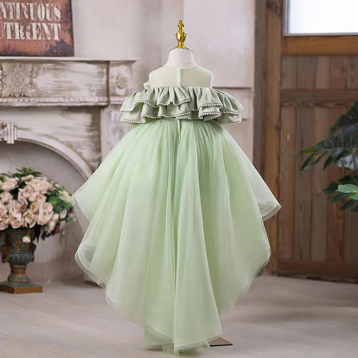 Off-Shoulder Ruffled Pearled Green Tulle Flower Girl Dress J551