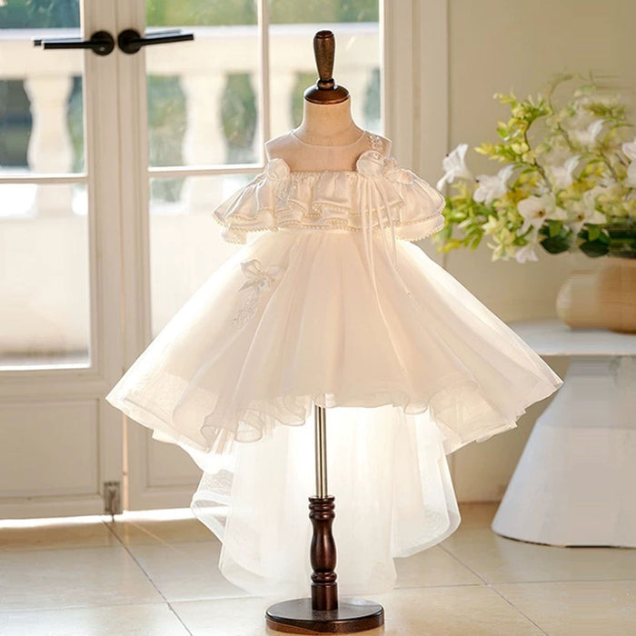 Off-Shoulder Ruffled Pearled Green Tulle Flower Girl Dress J551